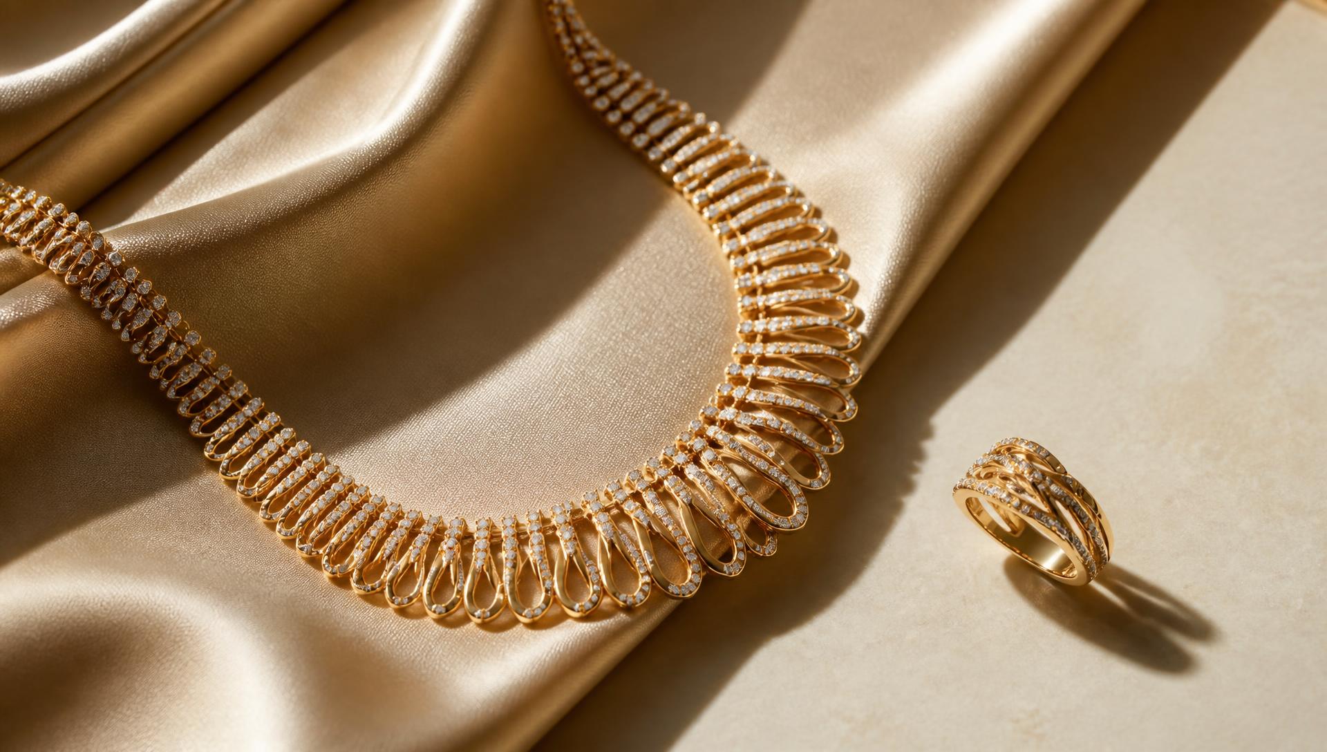 Colar e anel de ouro 18k cravejados de diamantes sobre seda champagne